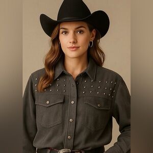 Fantastic Fawn Gray Faux Suede Studded Blouse / Shacket – Western Glam Size S/M